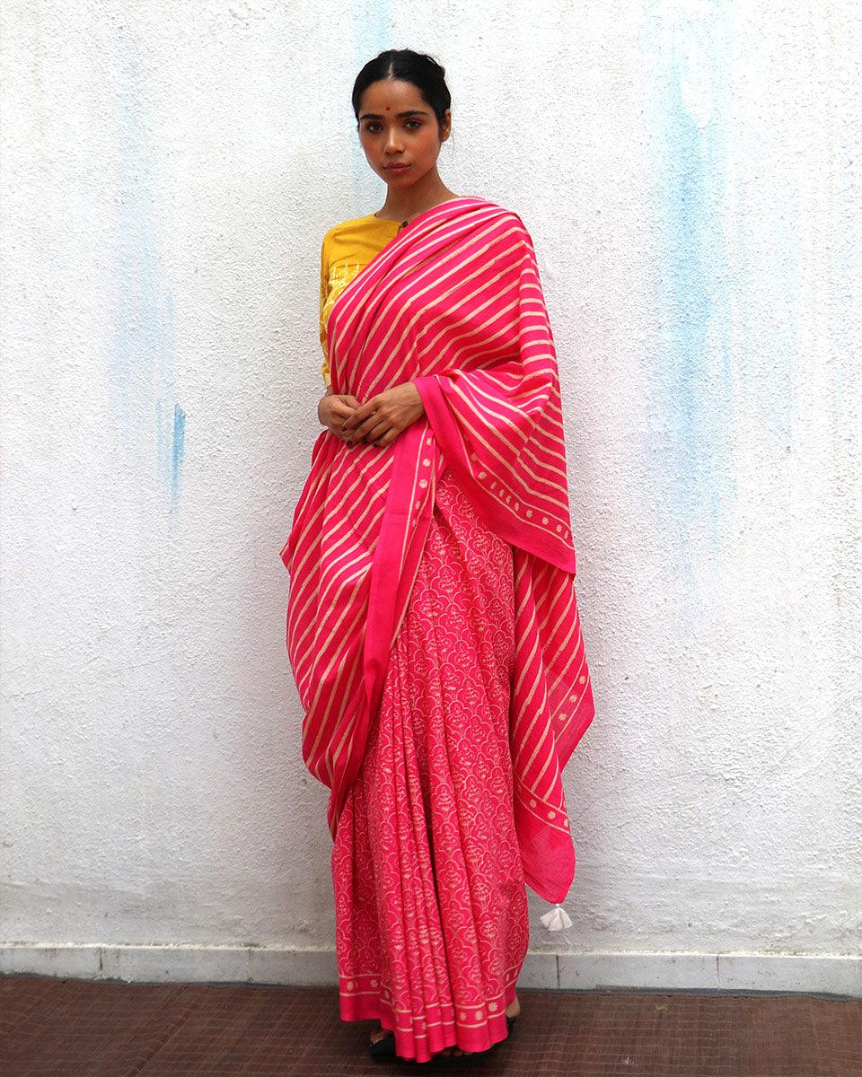 Firelight Pink Handprinted Cotton Sarees