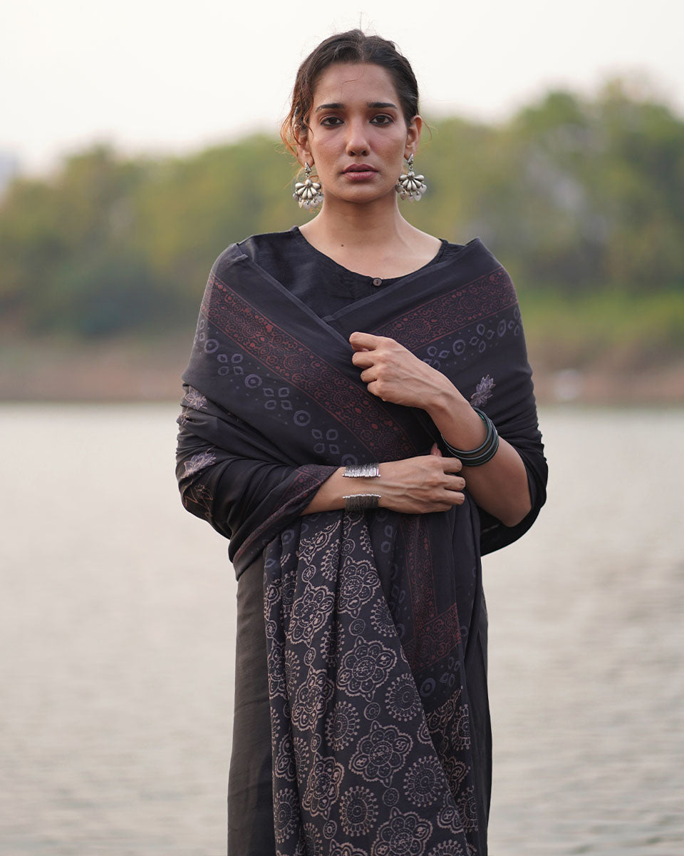 Ahima Black Block printed Modal Silk Saree - Jaisal