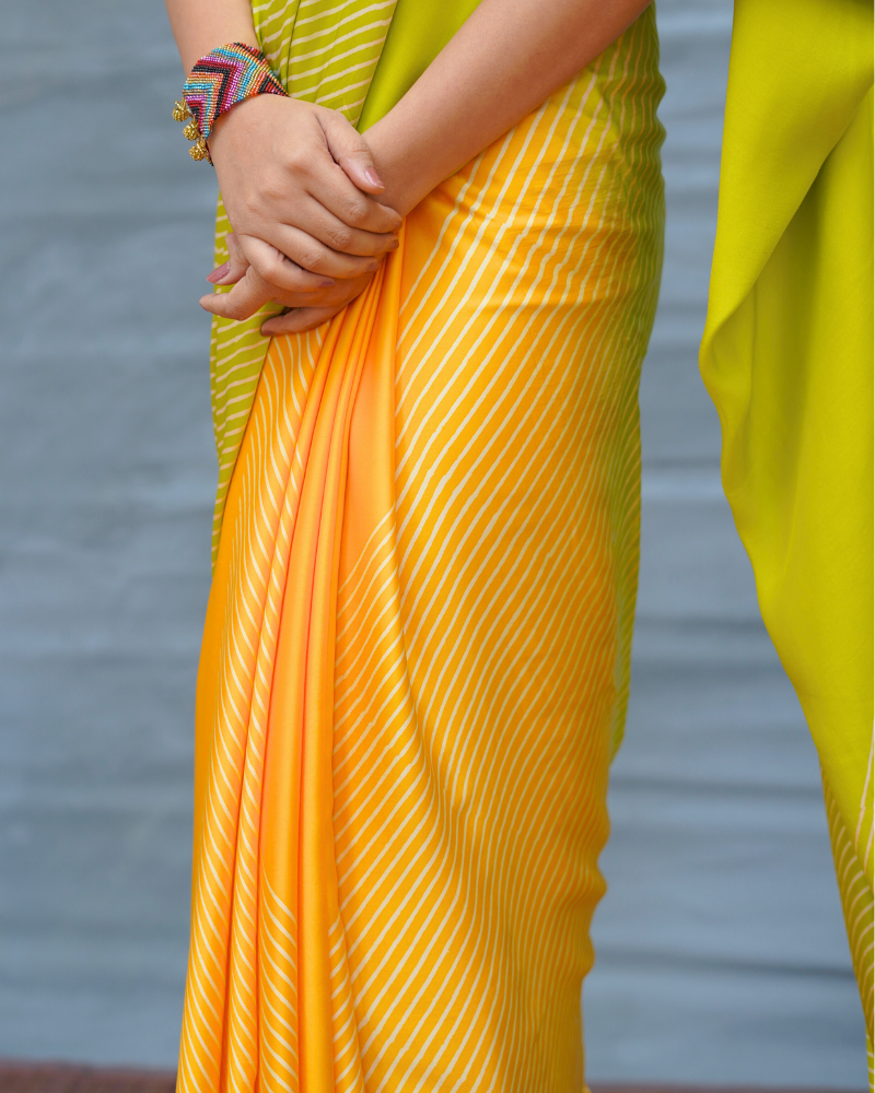 Quiet Wave Yellow Handblock Print Modal Silk Saree - Flow
