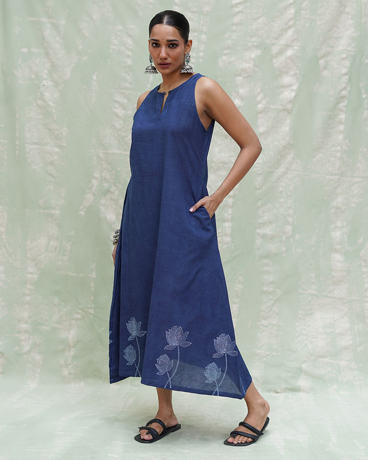 Asravi Blue Handblock Print Cotton Dress - INDI
