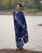 Urmi Blue Block printed Modal Silk Saree - Jaisal