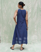 Asravi Blue Handblock Print Cotton Dress - INDI