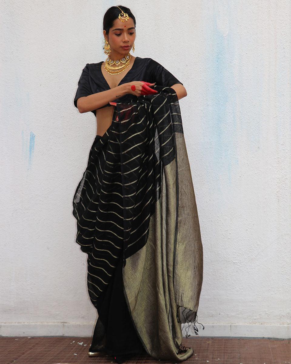 Binodini Handwoven Linen Zari Saree