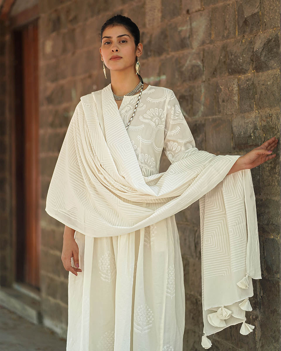 Swanâ€™s Breath Ivory Block Printed Dupatta - SFD