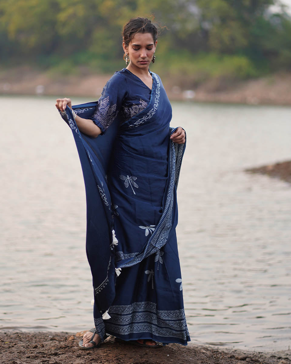 Urmi Blue Block printed Modal Silk Saree - Jaisal