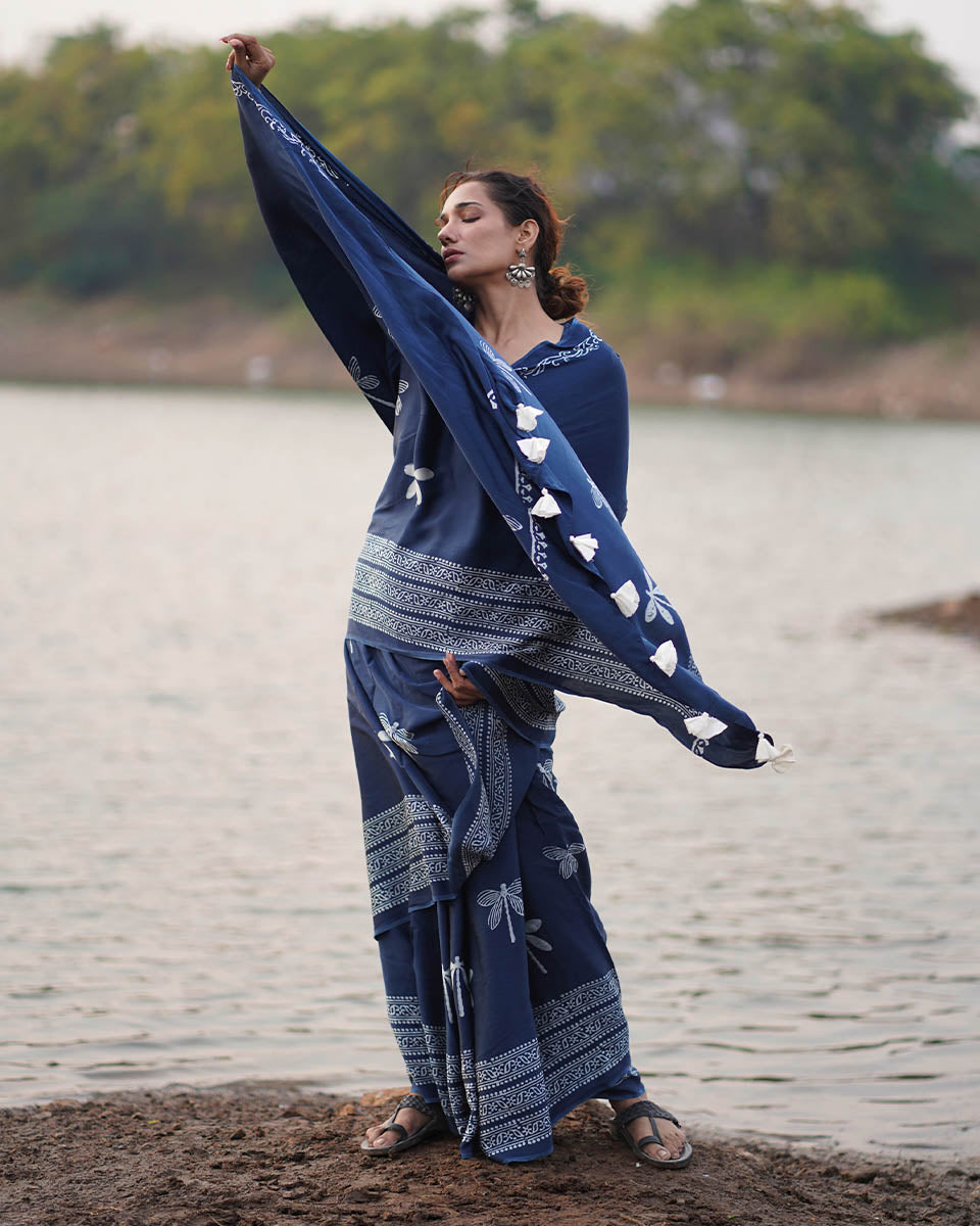 Urmi Blue Block printed Modal Silk Saree - Jaisal