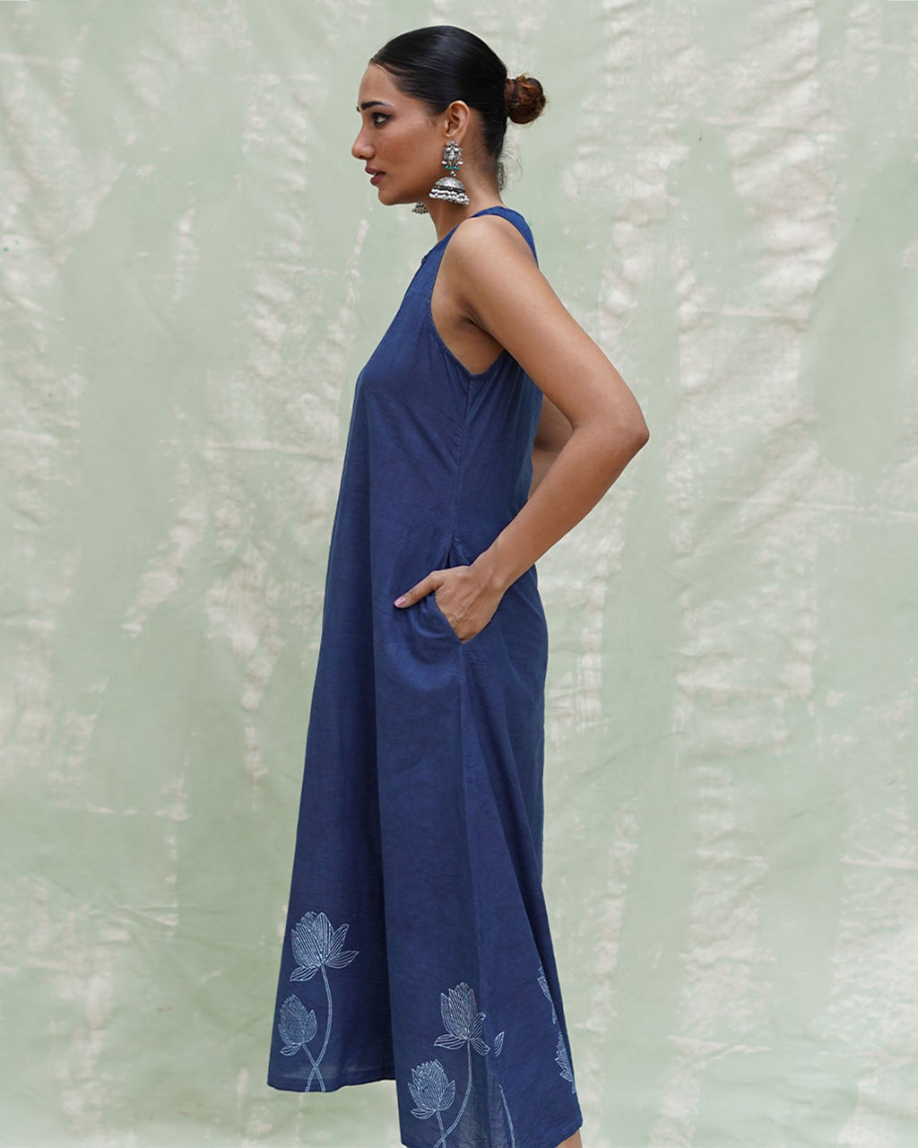 Asravi Blue Handblock Print Cotton Dress - INDI