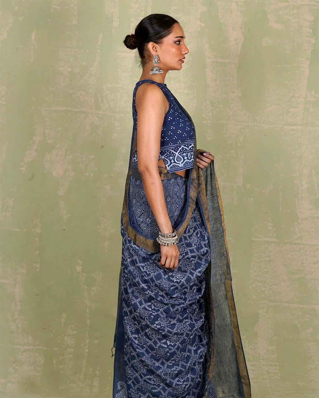 Malavi Blue Handblock Print Linen Saree - INDI