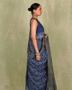 Malavi Blue Handblock Print Linen Saree - INDI