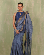 Malhari Blue Handblock Print Linen Saree - INDI