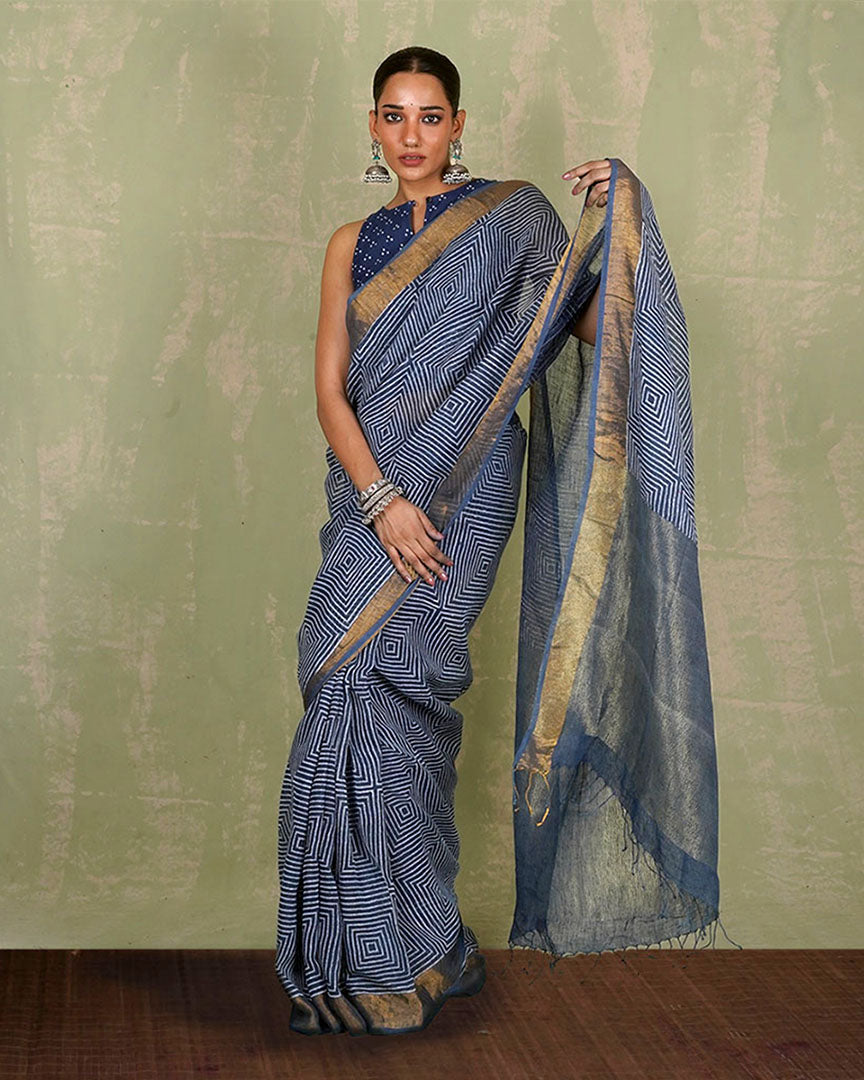 Sarang Blue Handblock Print Linen Saree - INDI