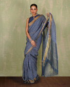 Sarang Blue Handblock Print Linen Saree - INDI