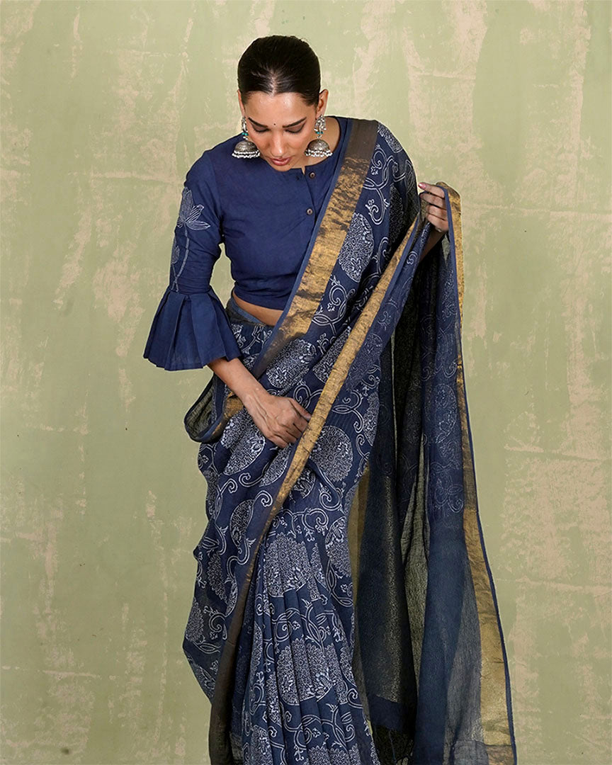 Rahi Blue Handblock Print Linen Saree - INDI