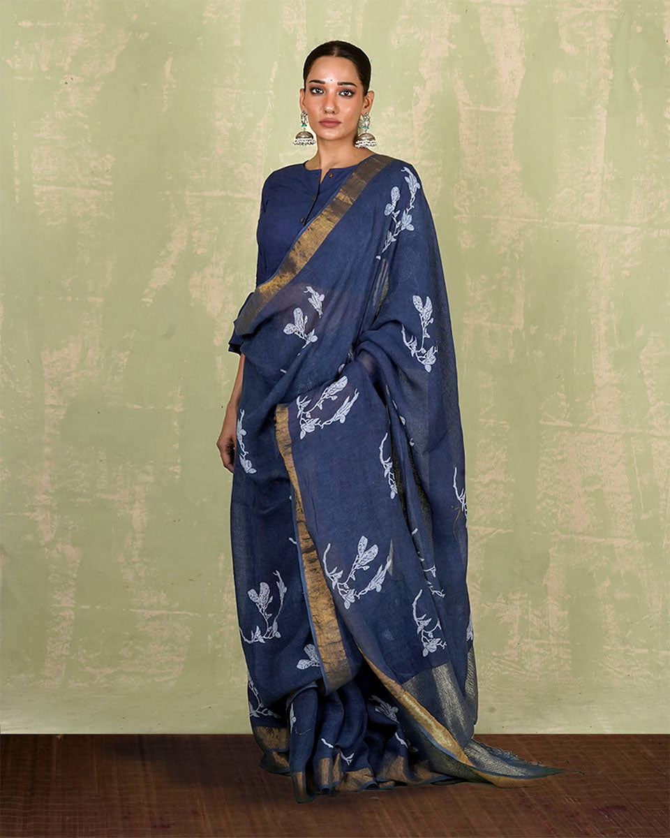 Purva Blue Handblock Print Linen Saree - INDI