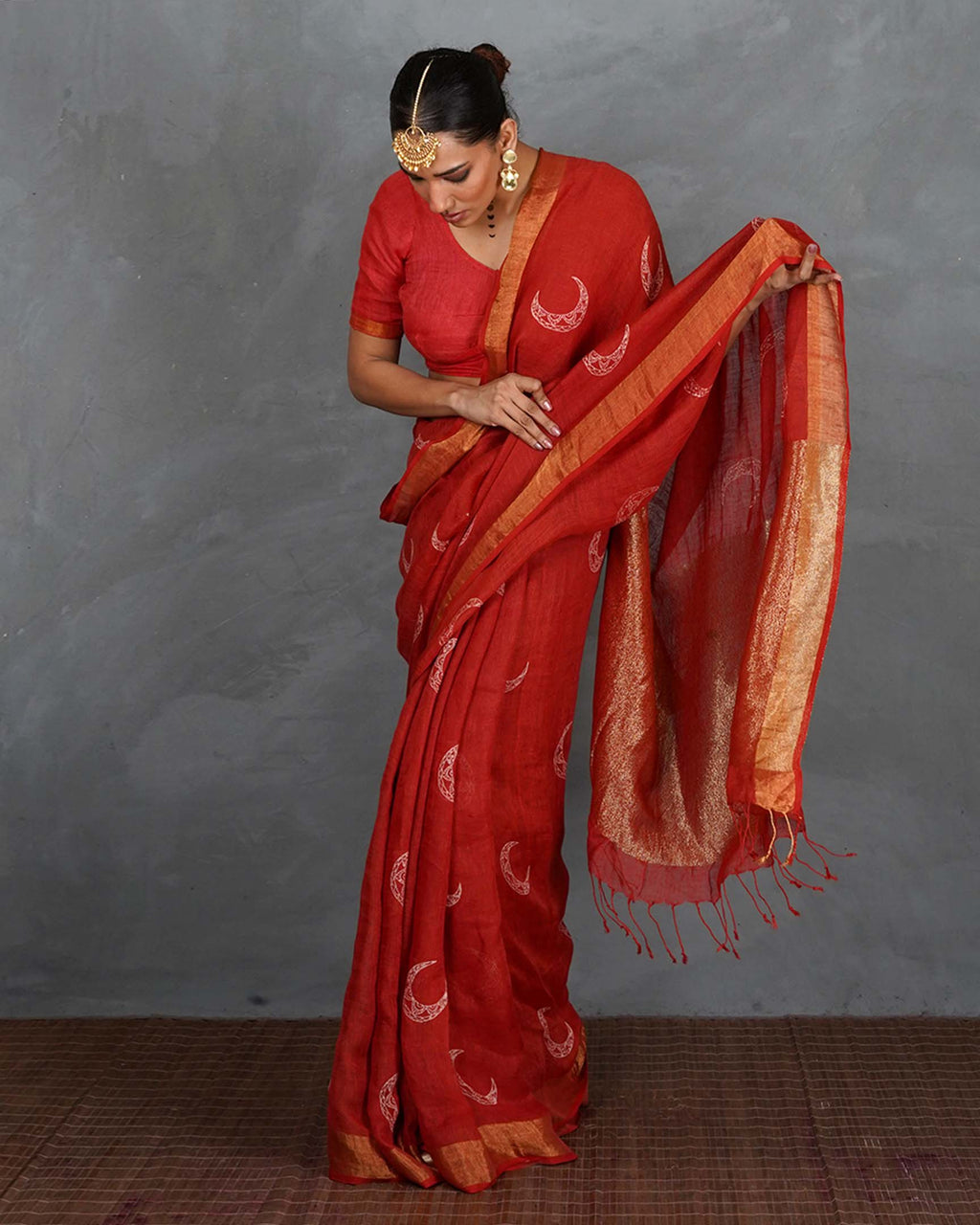 Taraani Red Handblock Linen Saree - TARA