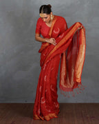 Taraani Red Handblock Linen Saree - TARA