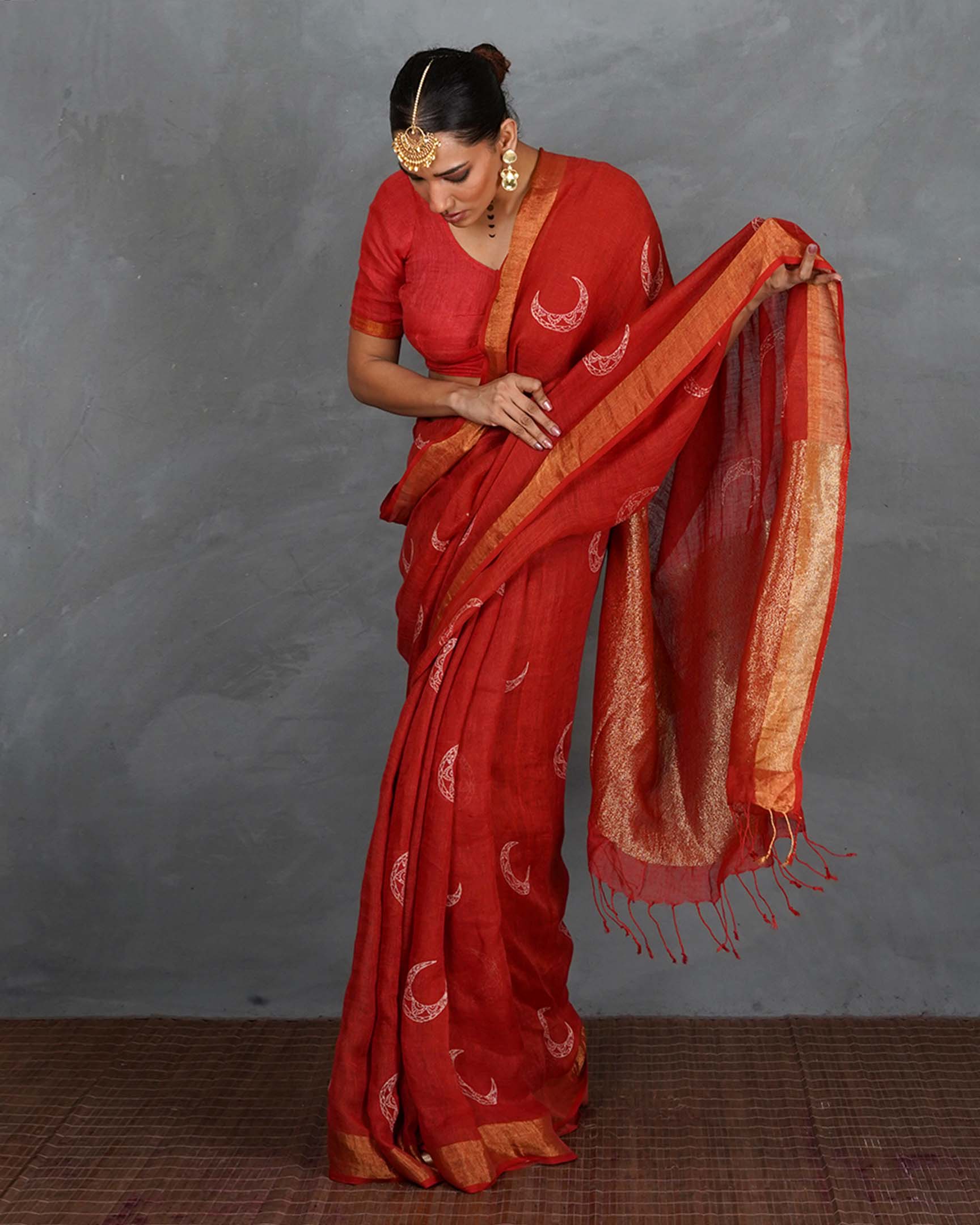Taraani Red Handblock Linen Saree - TARA