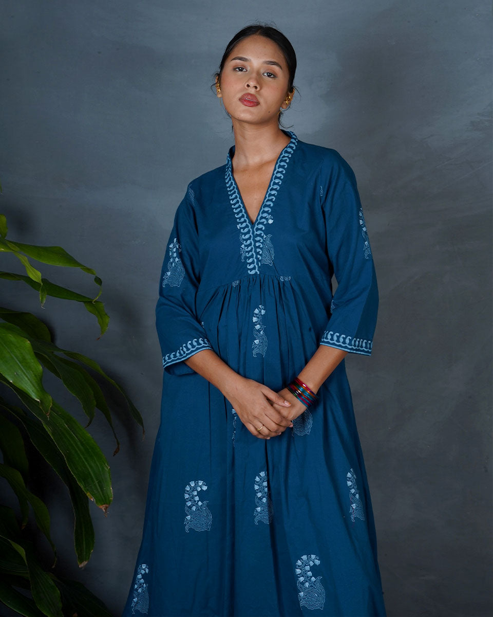 Abhrini Teal Green Hand Block Printed Kurta -MYA