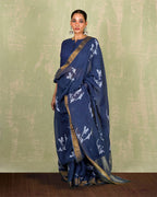 Purva Blue Handblock Print Linen Saree - INDI