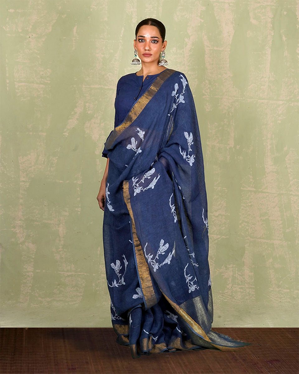 Purva Blue Handblock Print Linen Saree - INDI