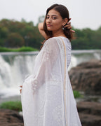 Milk Glass Kota Doria Ivory Block Printed Saree - SFD