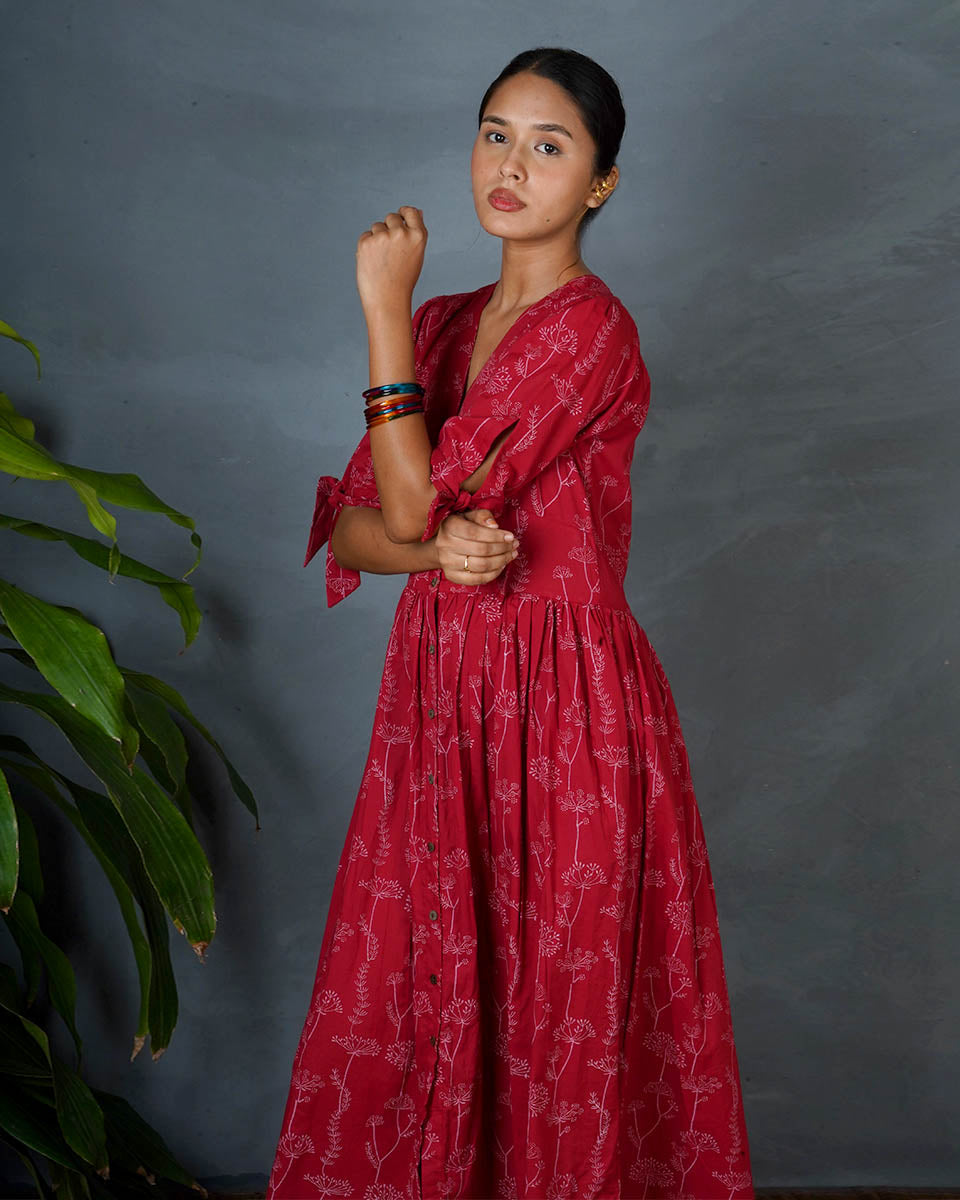 Saanjhika Red Hand Block Printed Dress-MYA