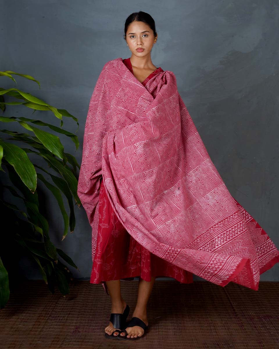 Dhara Red Hand Block Printed Dupatta-MYA