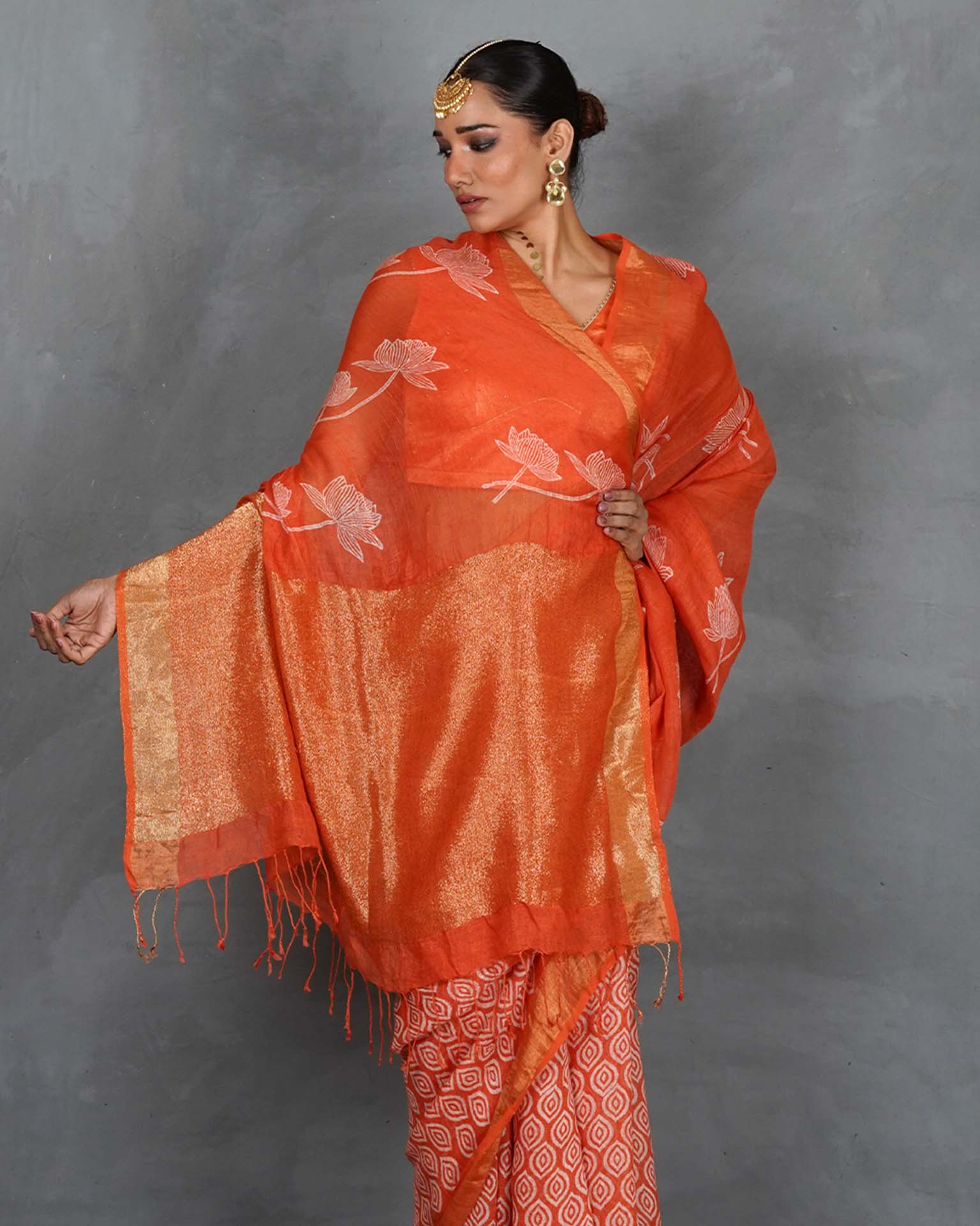 Meher Orange Handblock Linen Saree - TARA
