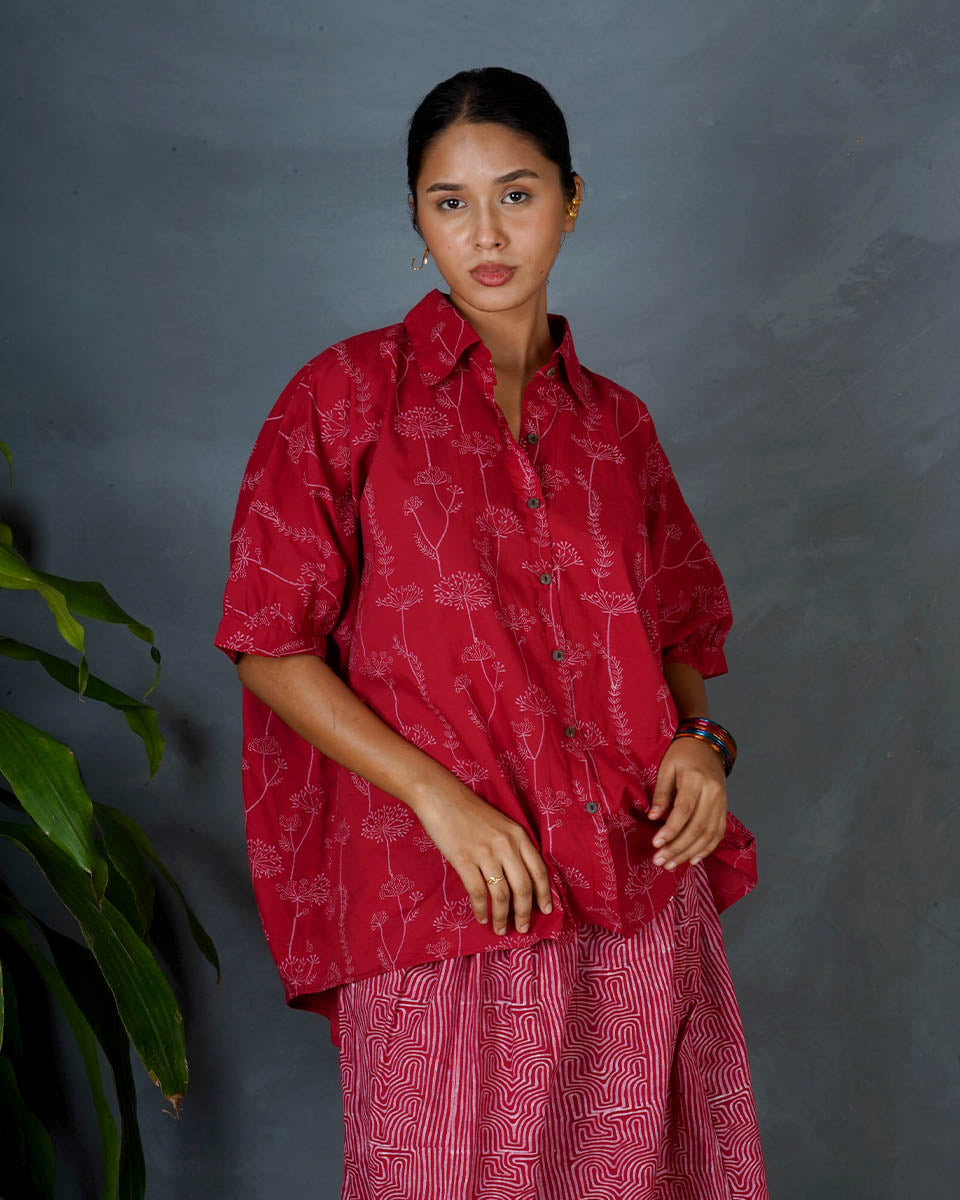 Myra Red Hand Block Printed Top-MYA