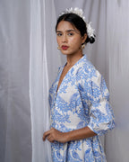 Neyra Ivory Blue Hand Block Printed Dress-BAD
