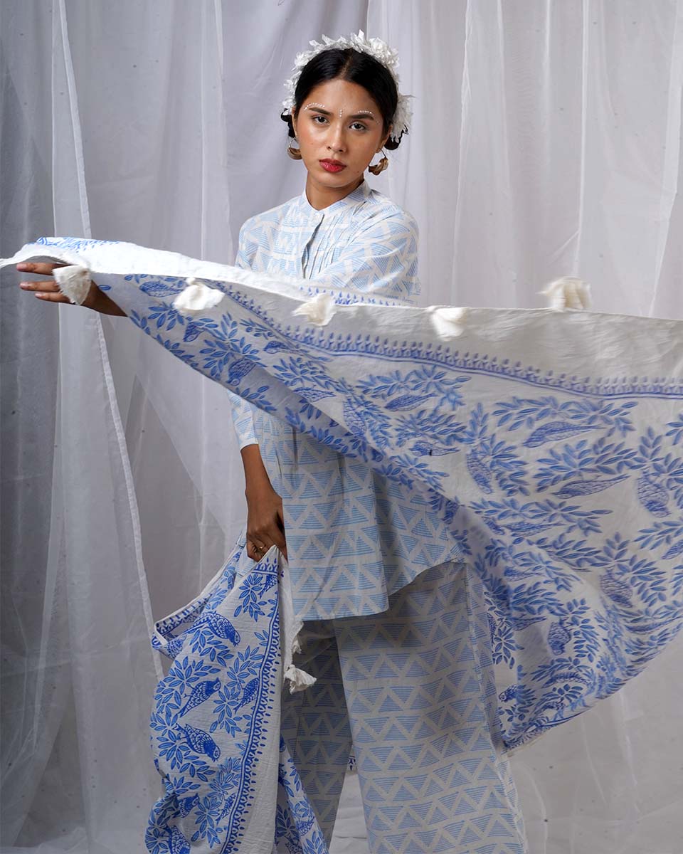 Milu Blue Hand Block Printed Dupatta-BAD