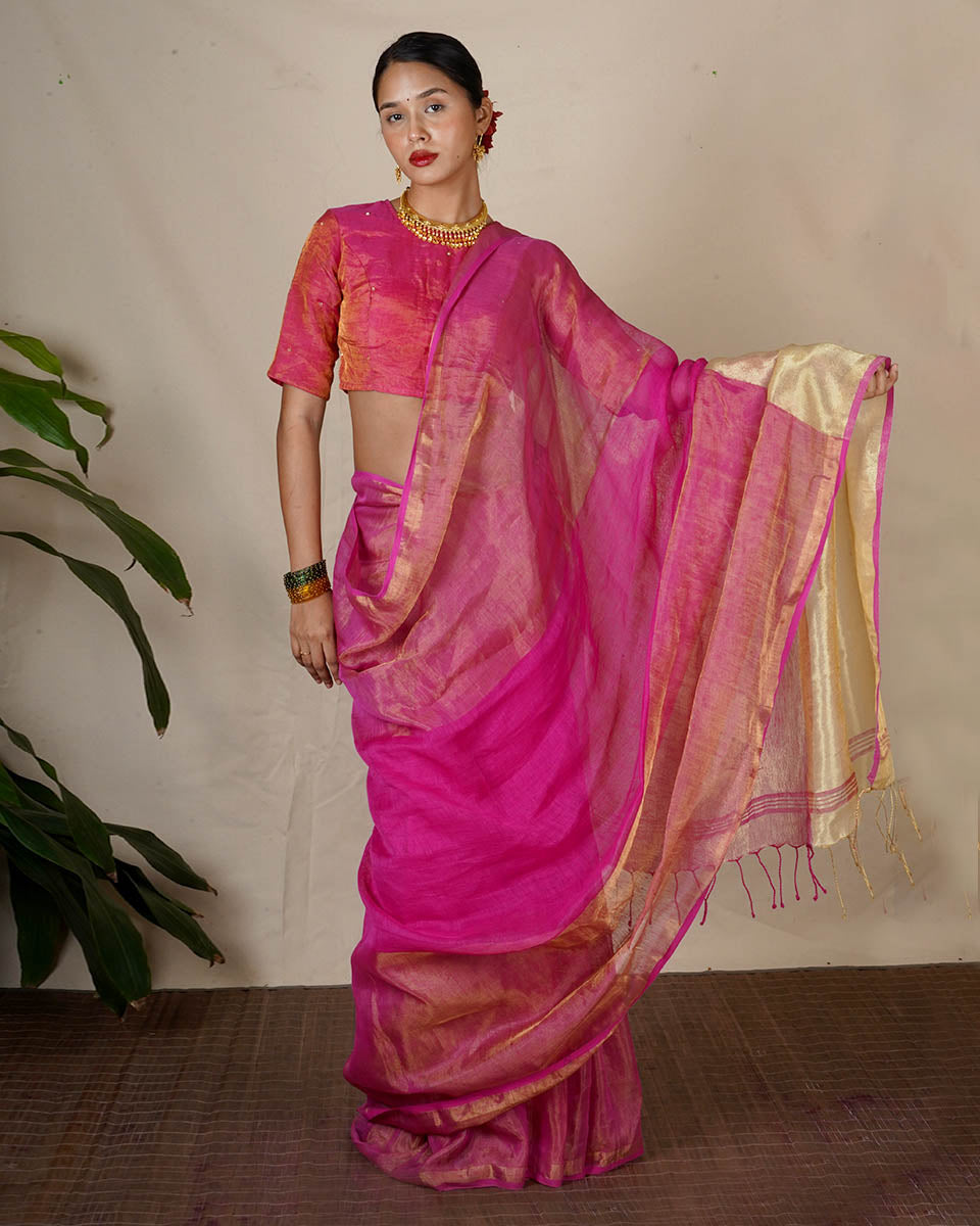 Ujjwala Pink Handwoven Linen Zari Saree - Eknoor
