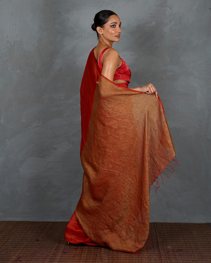 Glow On Red Handwoven Linen Saree - TARA