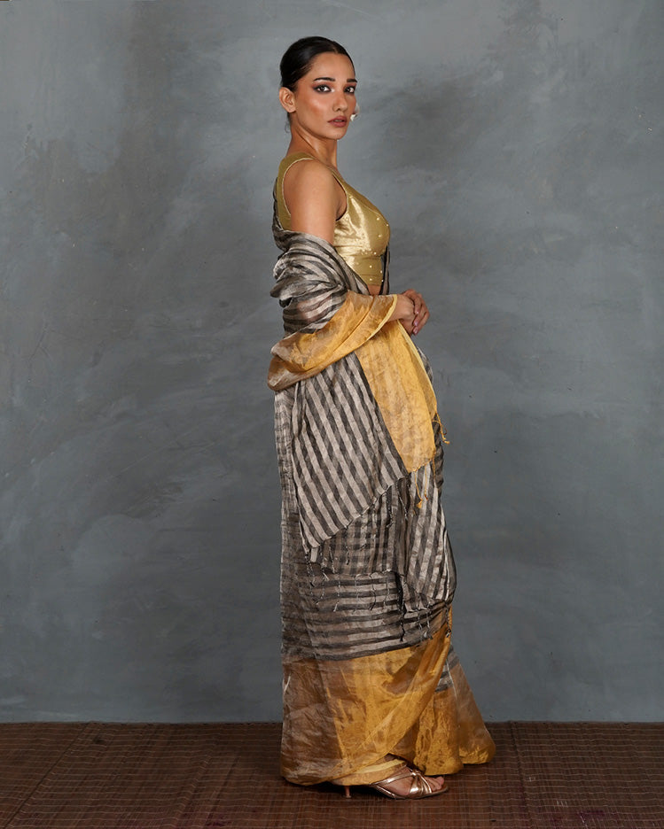 Burn Soft Silver With Black Strip Handwoven Linen Saree - TARA