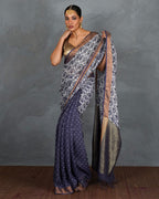Prabha Blue With White Handblock Linen Saree - TARA