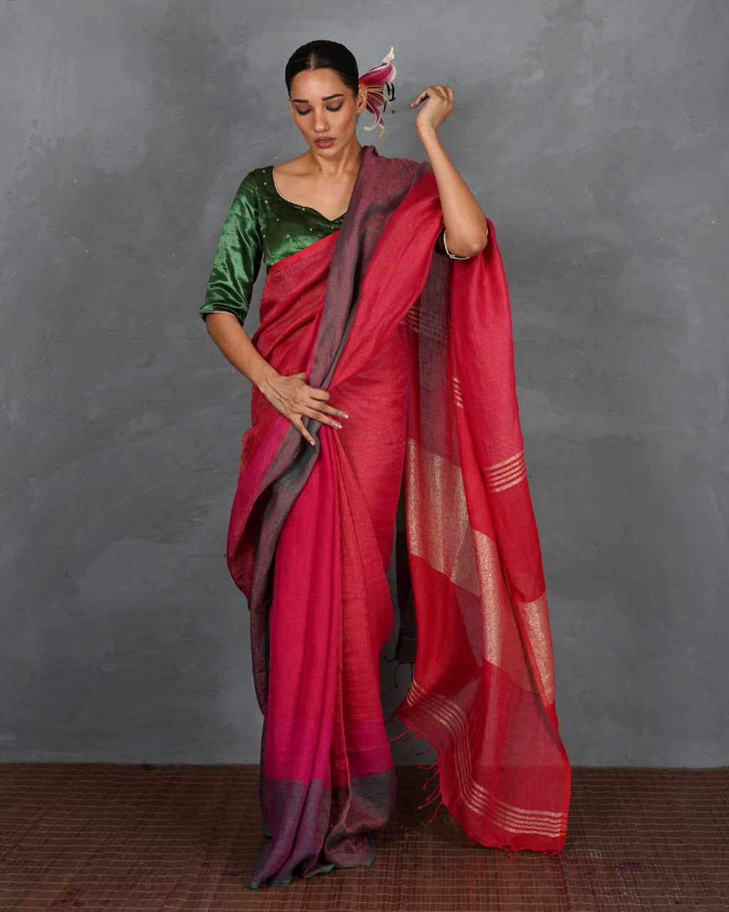 Glow Forward Red With Green Handwoven Linen Saree - TARA
