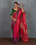 Glow Forward Red With Green Handwoven Linen Saree - TARA