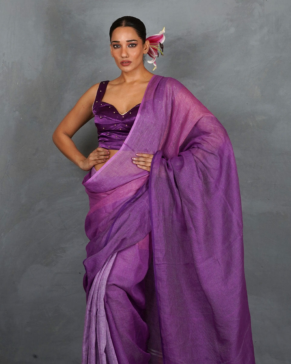 Embrace Glow Purple Handwoven Linen Saree - TARA