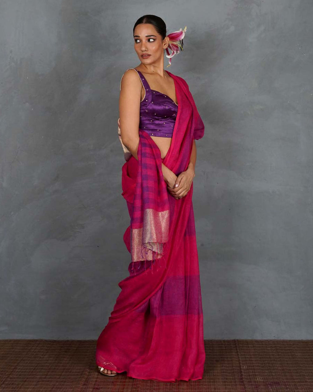 Samira Magneta Handwoven Linen Saree - TARA