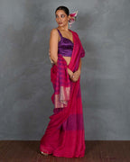 Samira Magneta Handwoven Linen Saree - TARA