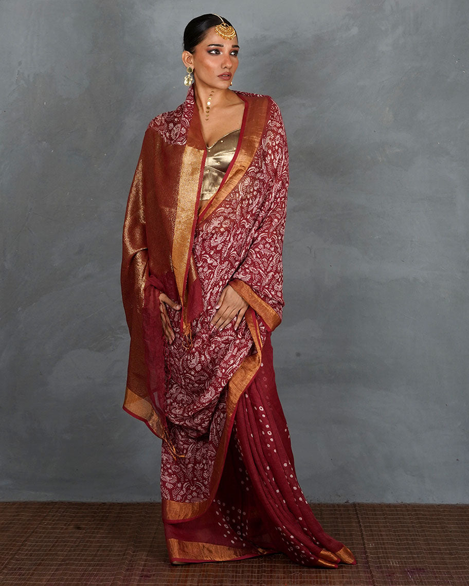 Urvi Maroon Handblock Linen Saree - TARA
