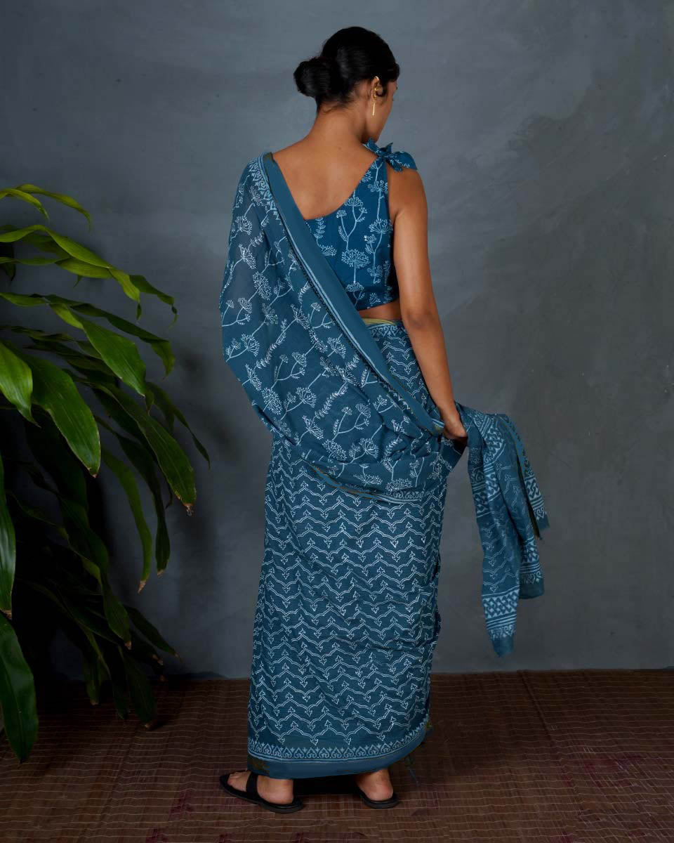 Sia Teal Green Hand Block Printed Saree-MYA