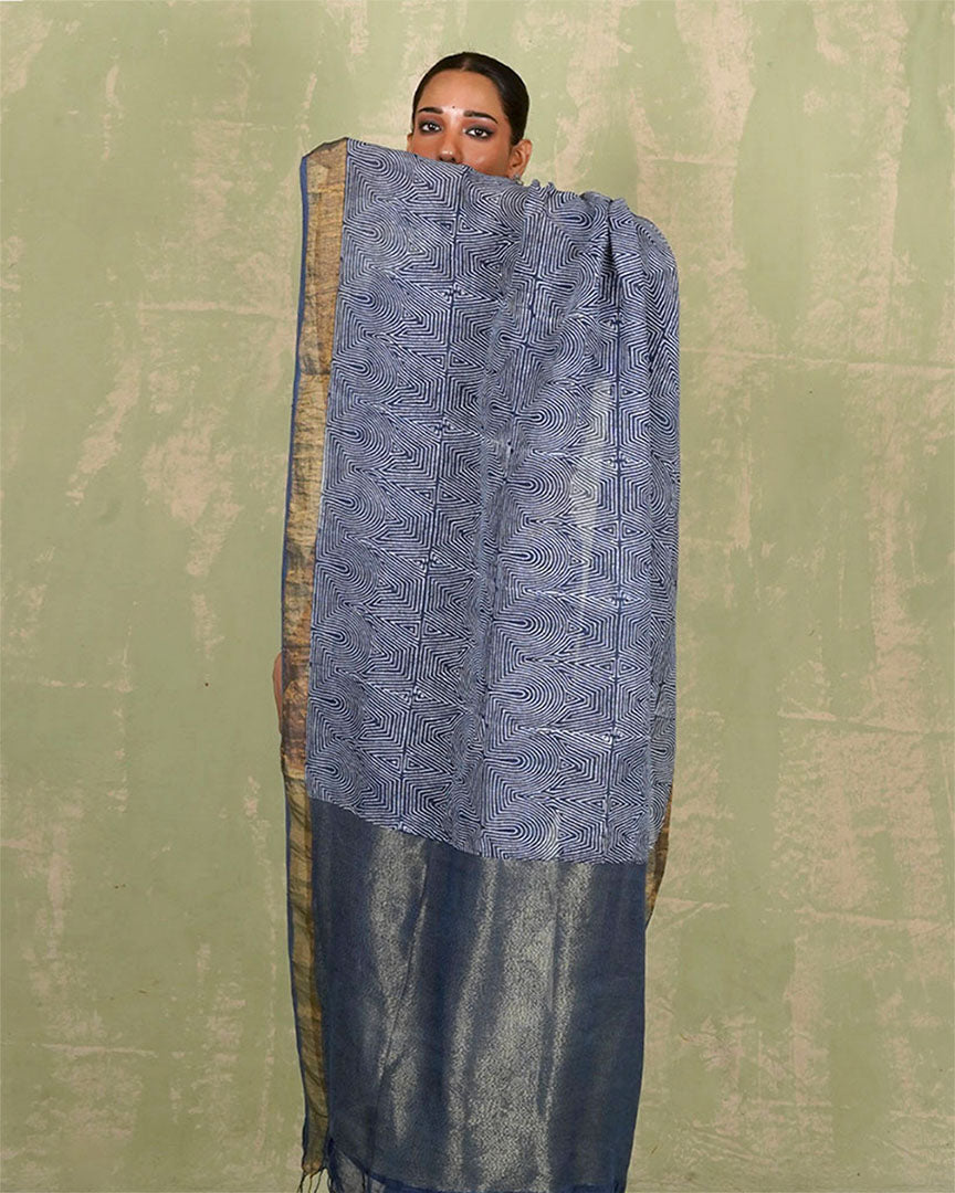 Sanjh Tarini Blue Handblock Print Linen Saree - INDI