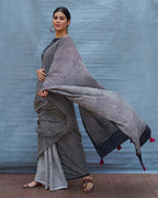 Vintage Muse Black & White Handblock Print Cotton Saree - MIS