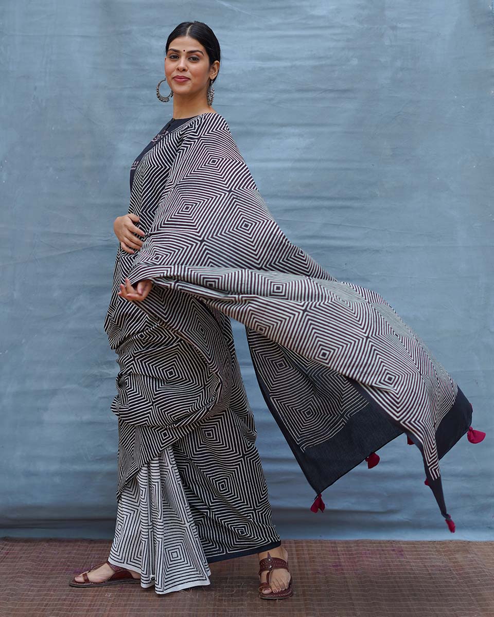 Vintage Muse Black & White Handblock Print Cotton Saree - MIS