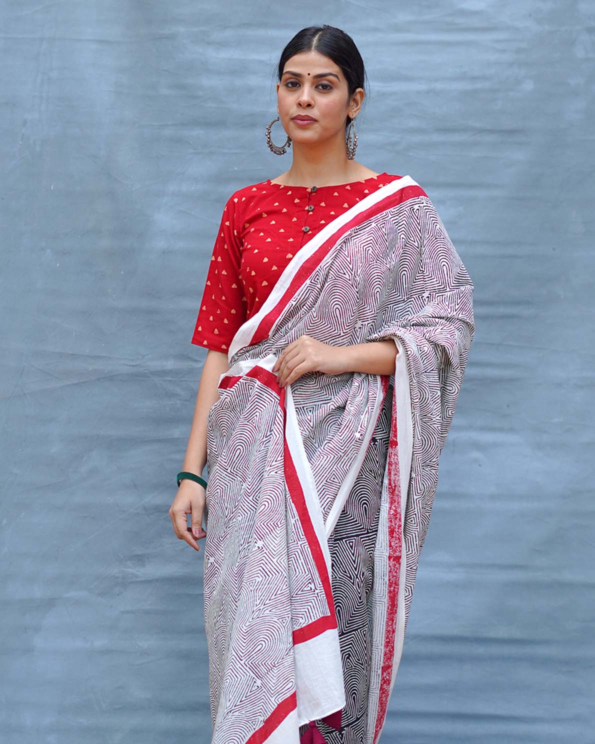 Vintage Poem Black & White Handblock Print Cotton Saree - MIS