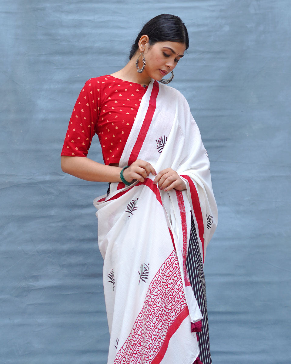 Moon & Mist Black & White Handblock Print Cotton Saree - MIS