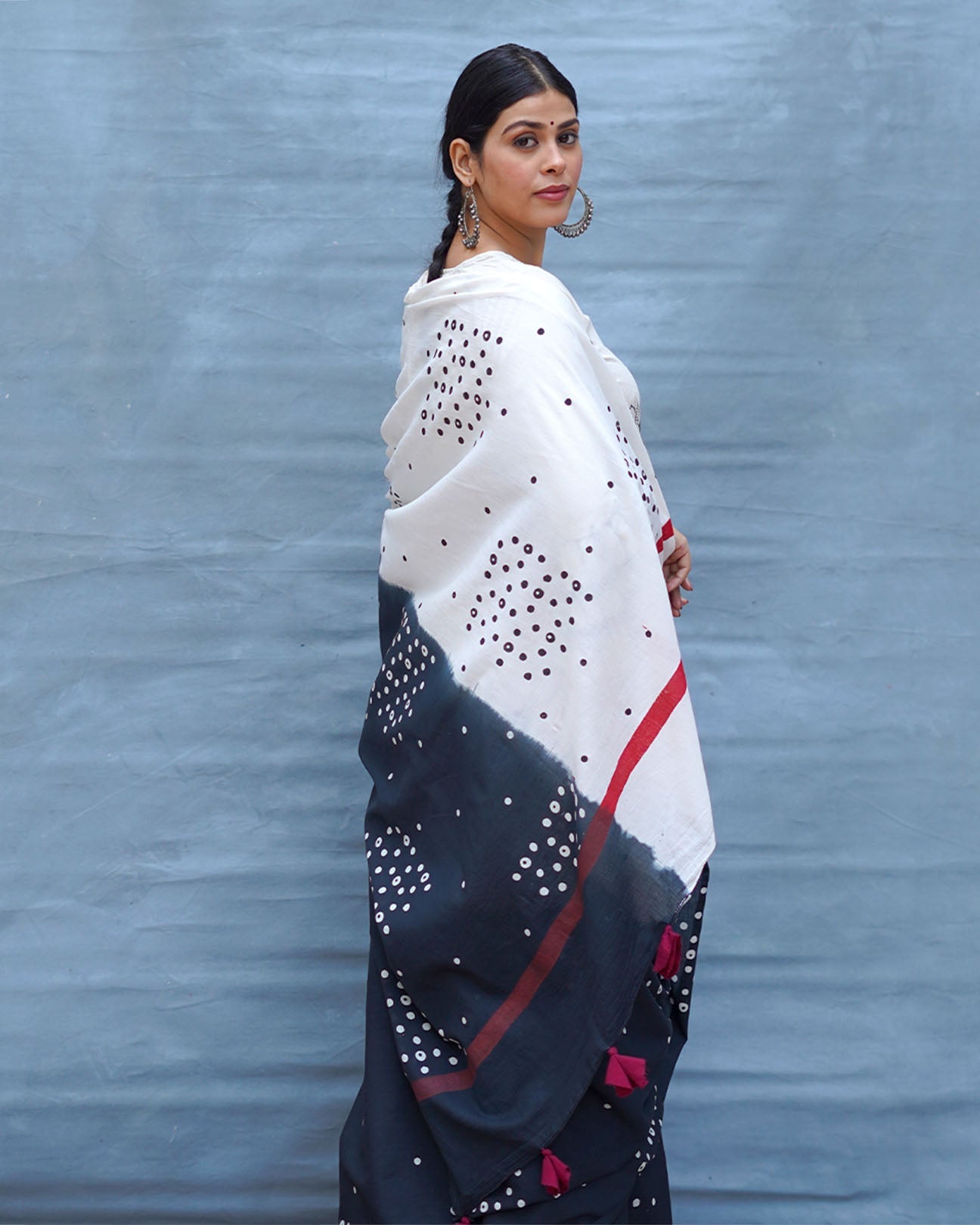 Colourblind Black & White Handblock Print Cotton Saree - MIS