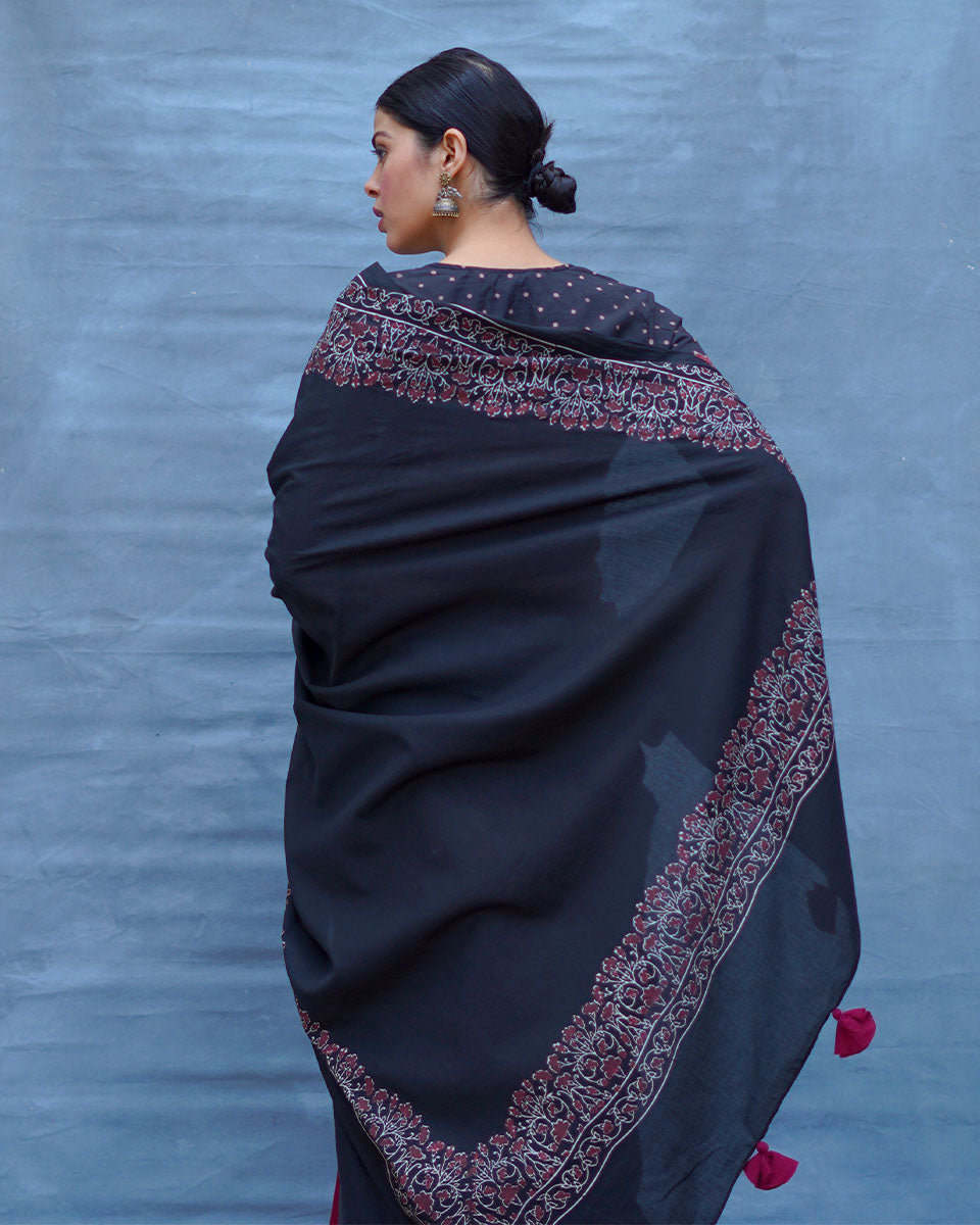 Binodini Black With Maroon Handblock Printed Cotton Saree - Soil