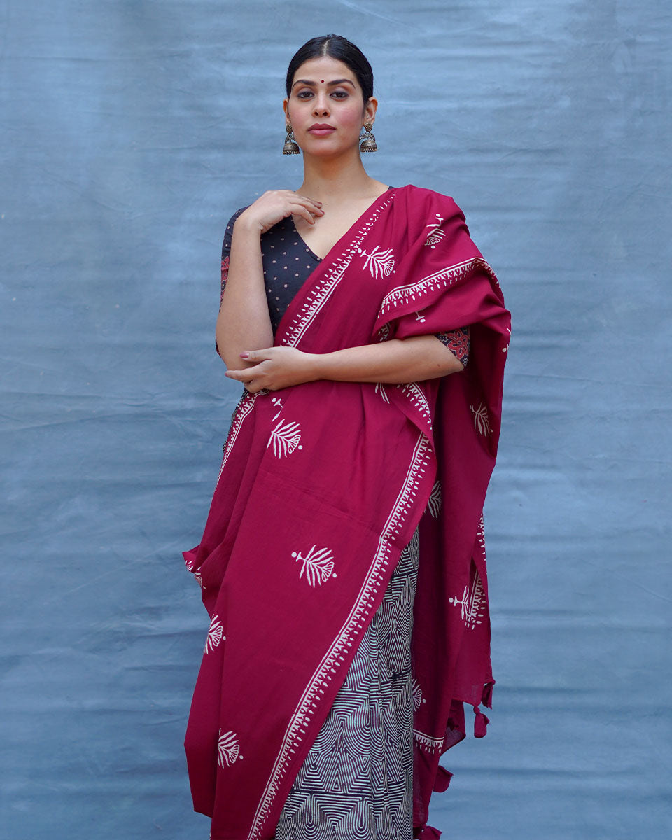 Charulata Maroon Handblock Printed Cotton Saree - Soil